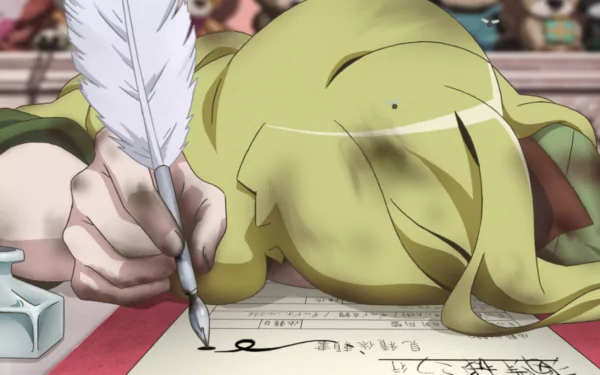 HD desktop wallpaper of Maryelle from Log Horizon, depicted writing with a quill pen.