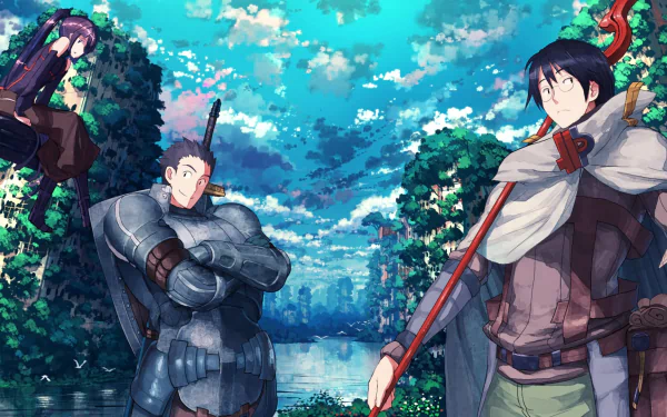 HD wallpaper of Log Horizon characters Akatsuki, Shiroe, and Naotsugu with a vibrant forest background.