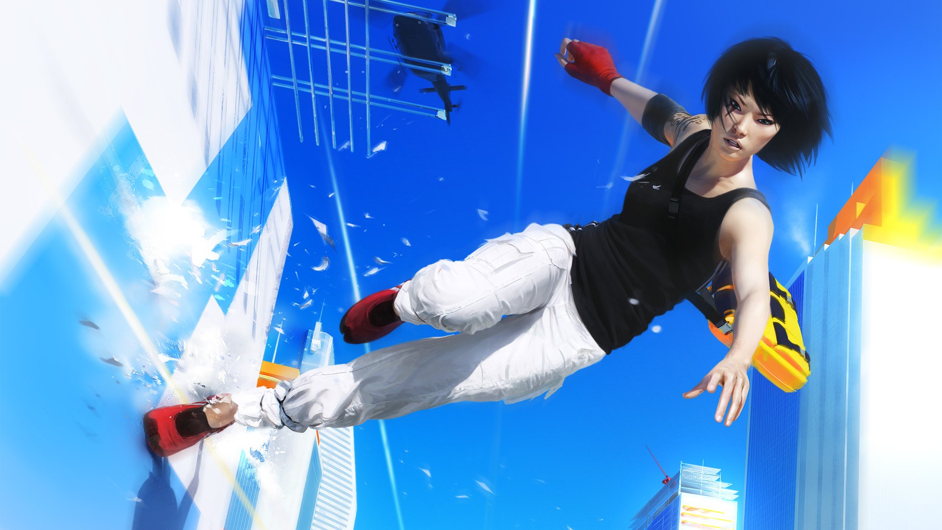 HD PC desktop wallpaper featuring a dynamic scene from the video game Mirror's Edge, showcasing the main character in mid-air parkour action against a bright city backdrop.
