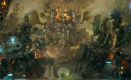 HD desktop wallpaper featuring a steampunk sci-fi scene with intricate machinery and mysterious figures in a fantastical setting.