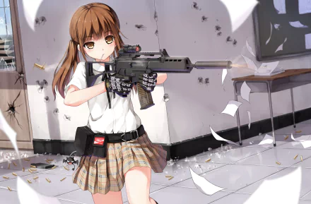 Anime girl with brown hair and brown eyes, wearing a white shirt, skirt, and gloves, wielding a rifle in a shattered room, serves as a dynamic HD desktop wallpaper.