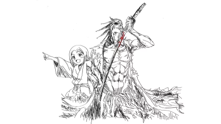 HD wallpaper featuring Yachiru Kusajishi and Kenpachi Zaraki from the anime Bleach. Yachiru playfully points while Kenpachi stands confidently with his sword. 