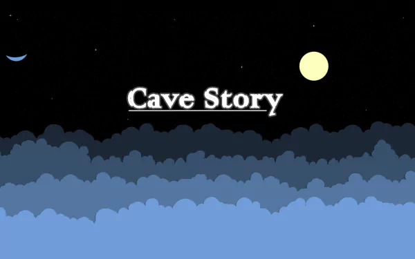 Cave Story video game HD PC wallpaper showing layered blue cloud silhouettes beneath a starry night sky with a moon and crescent, and a centered white Cave Story logo.
