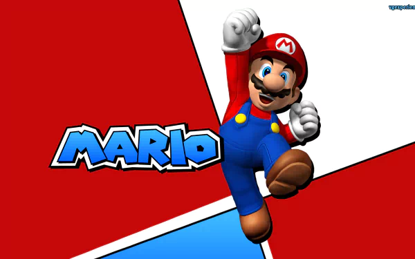 HD PC desktop wallpaper featuring Mario from the video game Super Mario Advance: Super Mario Bros. 2, with bold red, white, and blue color blocks in the background.