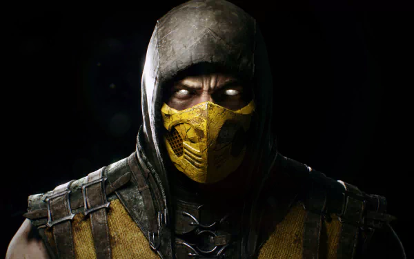 HD desktop wallpaper featuring Scorpion from the video game Mortal Kombat. The character is shown in his iconic yellow and black outfit with a hood and mask, set against a dark background.