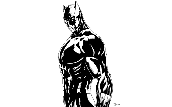 Black Panther from Marvel Comics stands confidently in this striking black-and-white illustration, showcasing powerful lines and dynamic posture, designed as an 8K Ultra HD wallpaper.