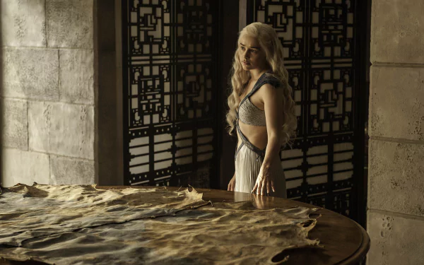 Emilia Clarke as Daenerys Targaryen from Game of Thrones stands beside an ancient map in this 4K Ultra HD PC desktop wallpaper.