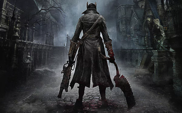 A high-definition desktop wallpaper of Bloodborne, featuring a dark and atmospheric scene with a character in a long coat, holding weapons, and standing on a cobblestone street amidst eerie surroundings.