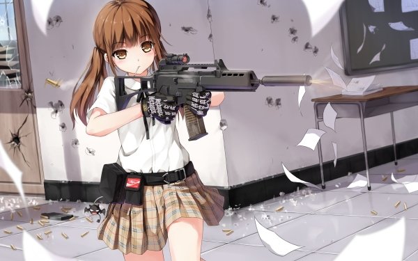 Anime Chica Gun Rifle Brown Eyes Brown Hair Skirt Glove Twintails Fondo de pantalla HD | Fondo de Escritorio