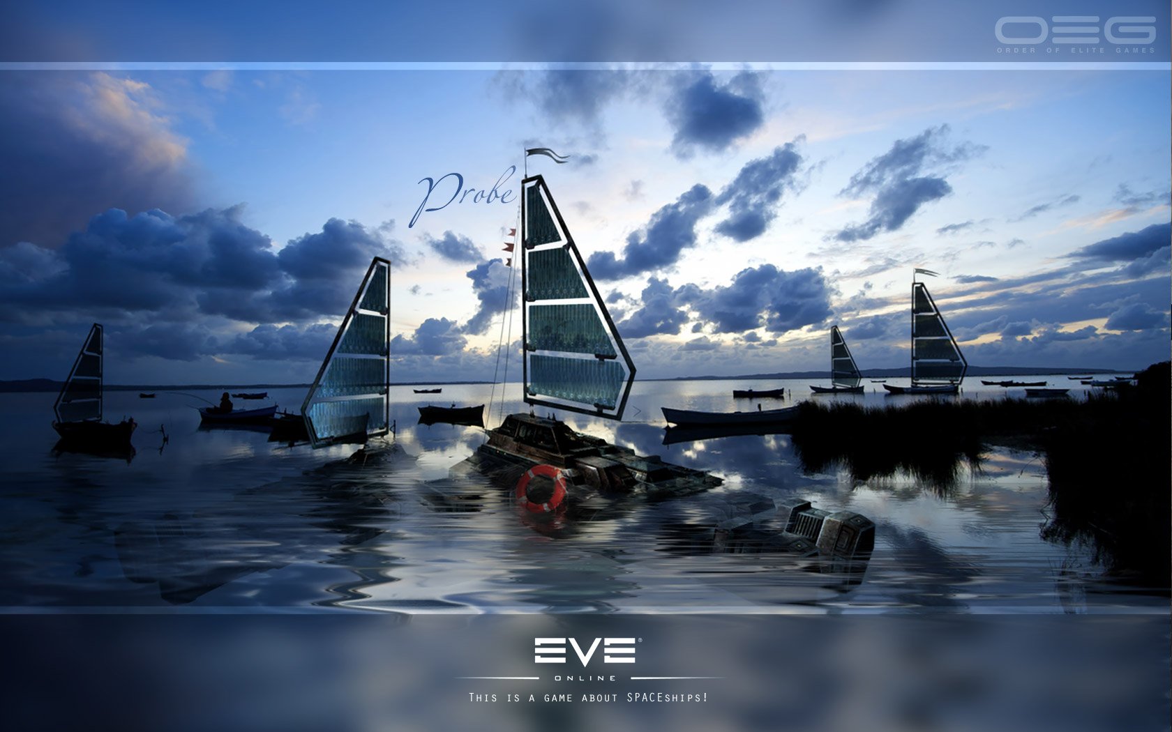 HD PC desktop wallpaper featuring a serene seascape with sailboats under a dramatic sky, inspired by the video game EVE Online.
