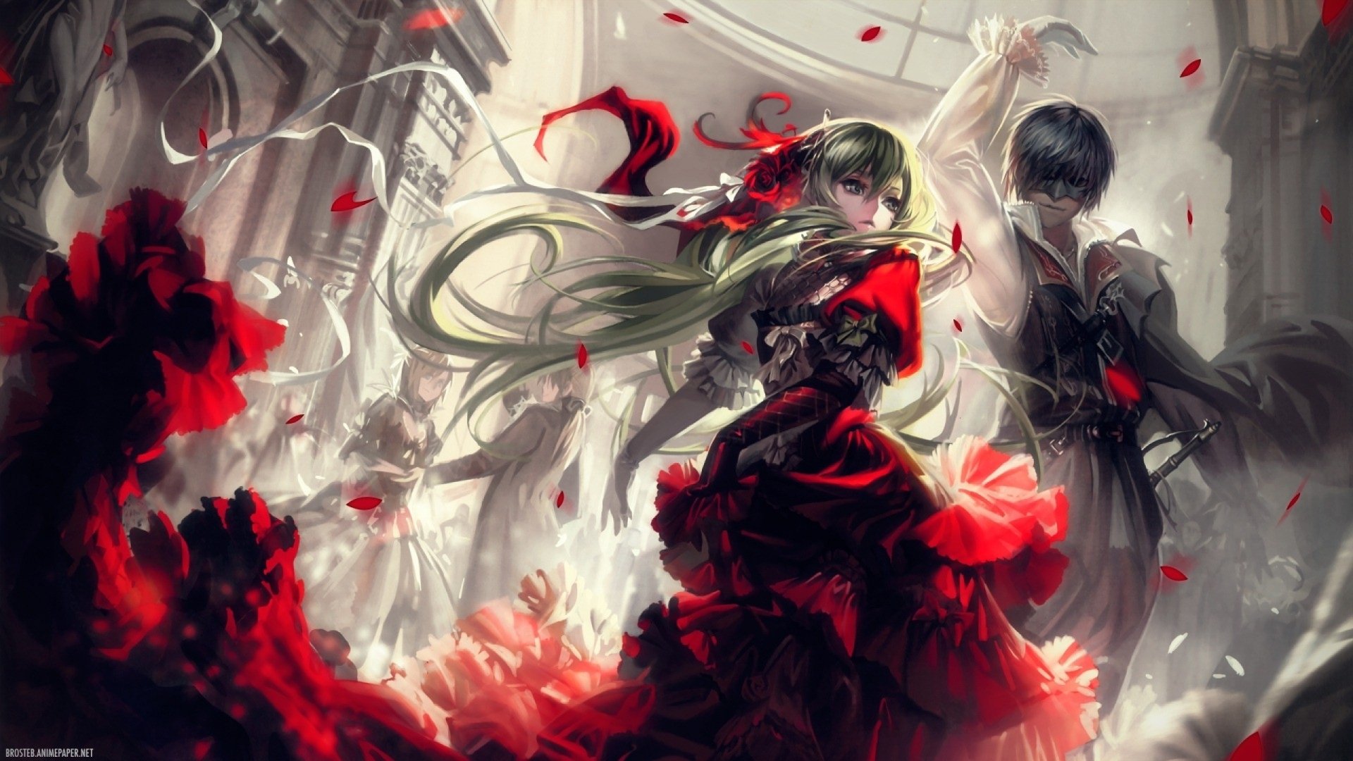 HD wallpaper featuring Vocaloid characters Hatsune Miku with long green hair and Kaito, both in dramatic red and black dresses amidst swirling petals.