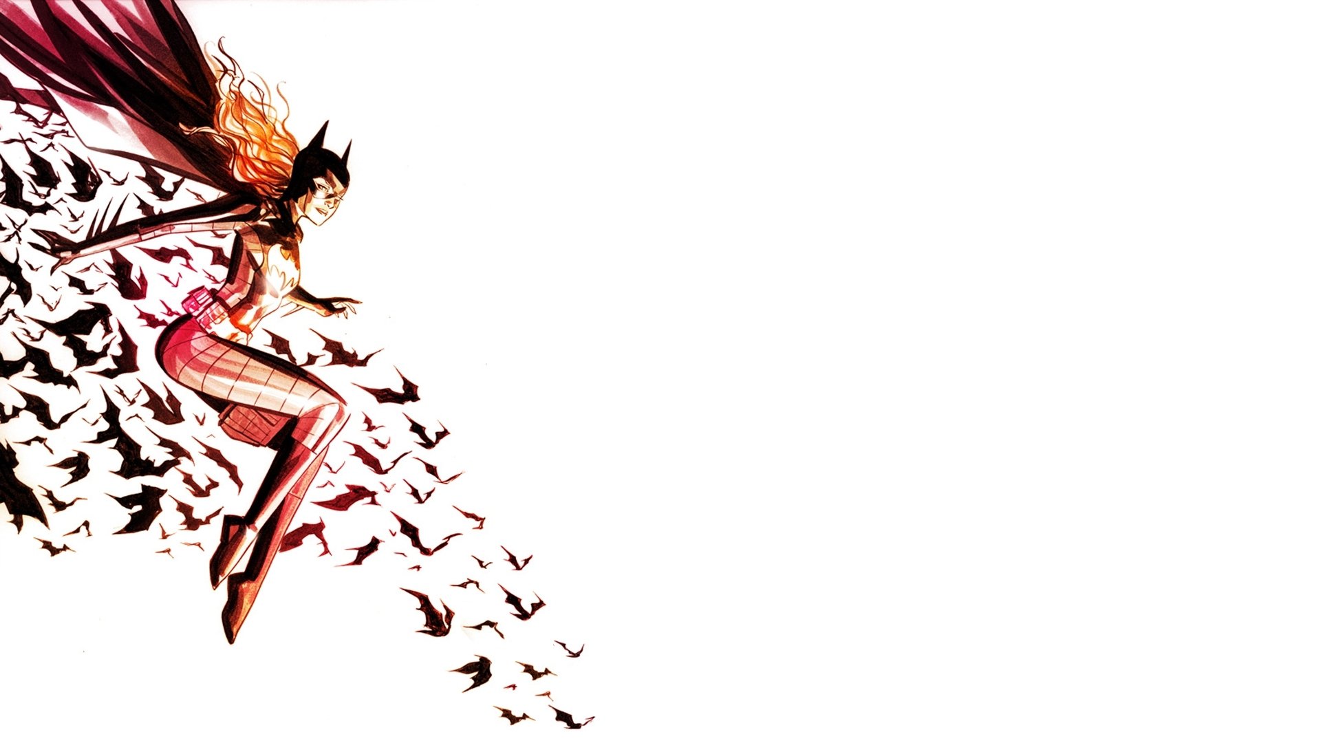 Comic Batwoman in a stylized red-and-black costume launching from the left as her cape dissolves into a swarm of bats across white space — HD PC desktop wallpaper/background.