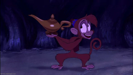 HD PC desktop wallpaper of Disney's Aladdin video game: Abu the monkey grinning and holding the magic lamp in a dim cave, vibrant colors and animated style.