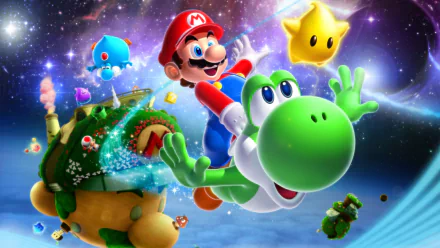 Colorful HD wallpaper featuring characters from Super Mario Galaxy 2, including Mario, Yoshi, and several stars, set against a vibrant cosmic background.