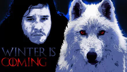 HD desktop wallpaper featuring Jon Snow from the TV show Game of Thrones alongside a direwolf with the text Winter is Coming.