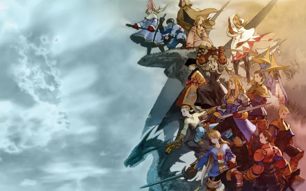 HD PC desktop wallpaper featuring iconic characters from the video game Final Fantasy Tactics, arranged dynamically against a contrasting sky and shadowed landscape.