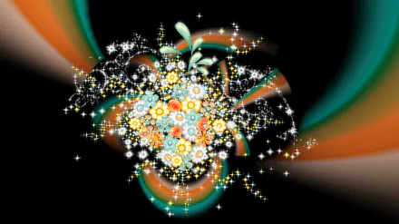 HD PC desktop wallpaper featuring an artistic floral design with vibrant flowers and sparkling stars against a swirling, colorful background.