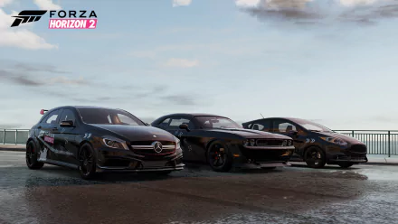 HD PC desktop wallpaper featuring three sleek cars from the video game Forza Horizon 2 parked side by side under a partly cloudy sky.