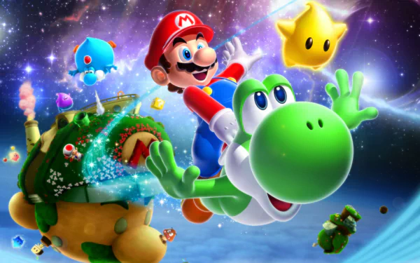 Colorful HD wallpaper featuring characters from Super Mario Galaxy 2, including Mario, Yoshi, and several stars, set against a vibrant cosmic background.