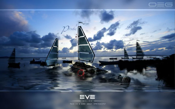 HD PC desktop wallpaper featuring a serene seascape with sailboats under a dramatic sky, inspired by the video game EVE Online.