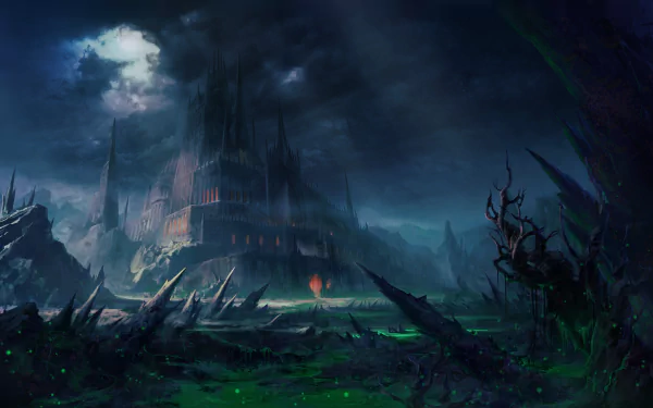 A dark, atmospheric fantasy landscape features a looming castle under a cloudy sky, surrounded by eerie, jagged terrain, creating a captivating HD desktop wallpaper.