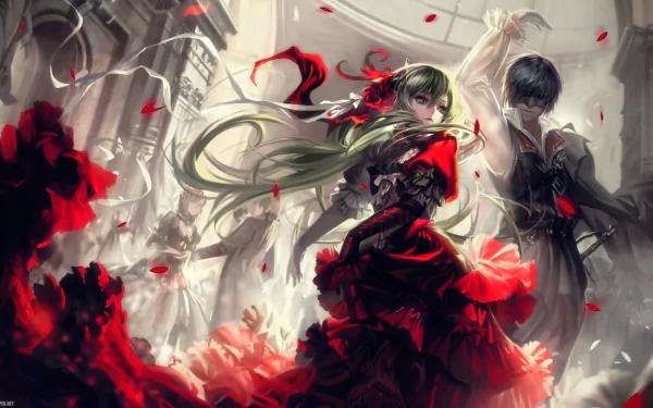 HD wallpaper featuring Vocaloid characters Hatsune Miku with long green hair and Kaito, both in dramatic red and black dresses amidst swirling petals.