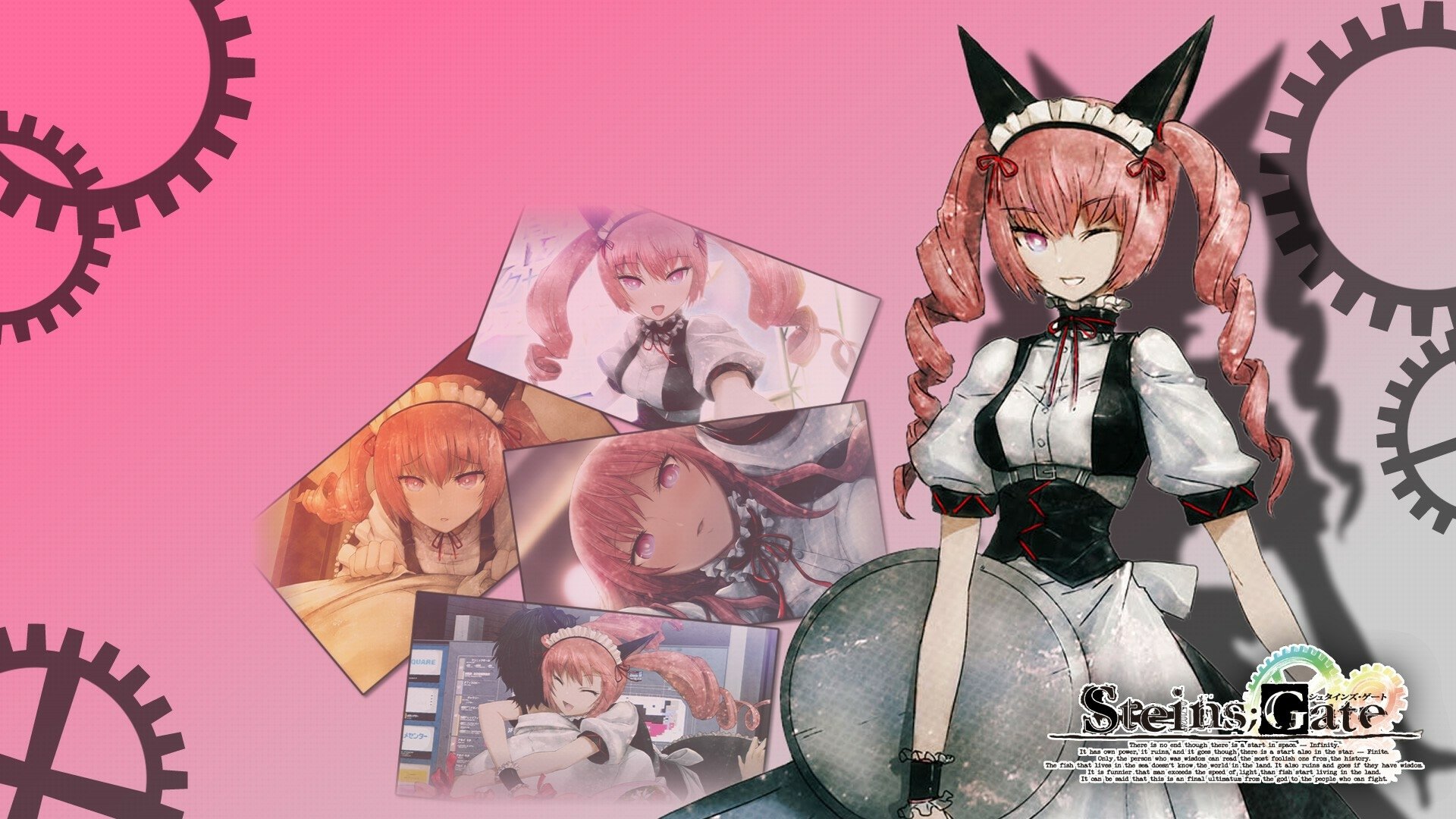HD wallpaper featuring Faris Nyannyan from Steins;Gate, showcasing her in a maid outfit with a backdrop of pink and gear illustrations, alongside various character images.