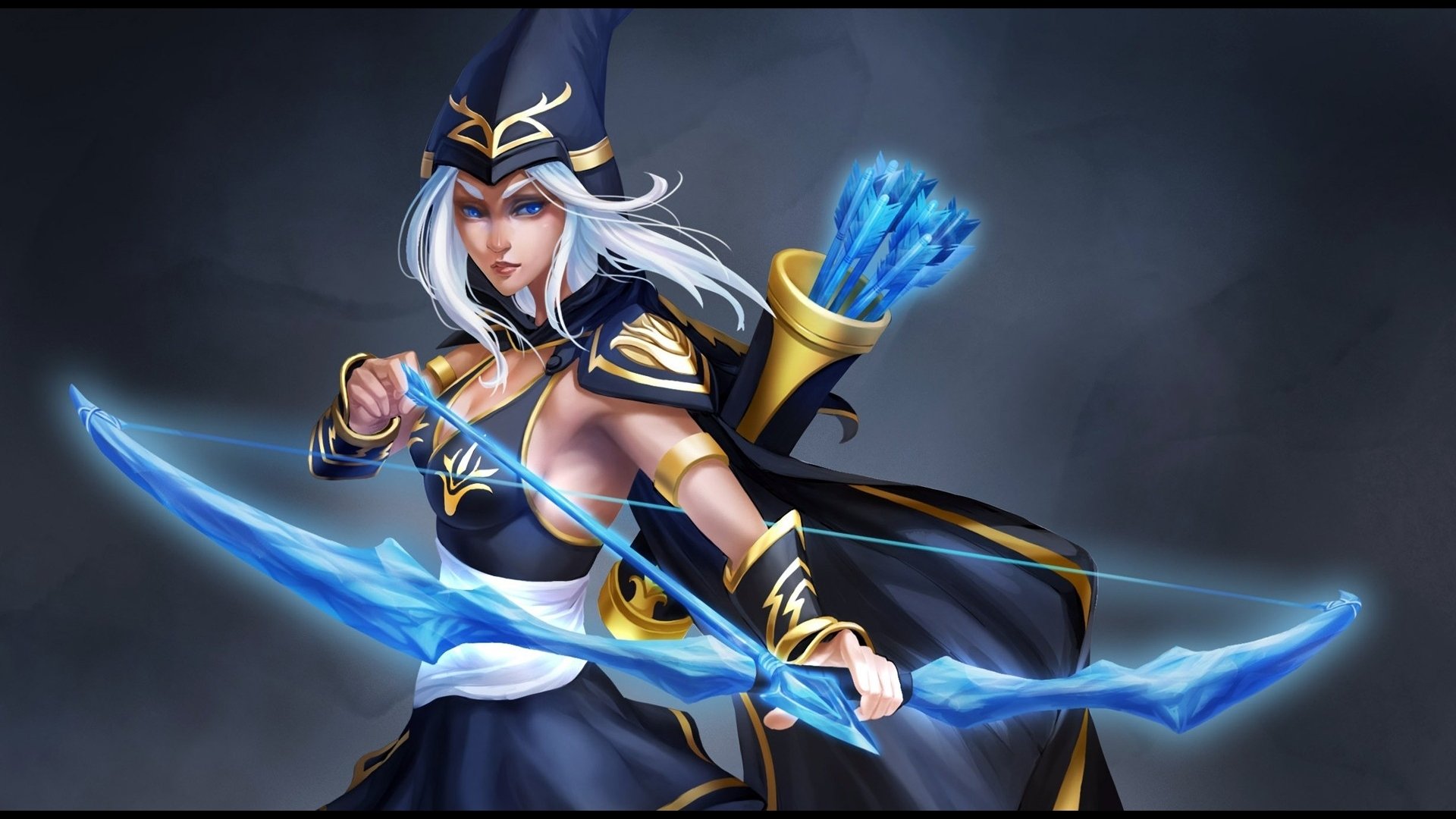 HD PC desktop wallpaper featuring Ashe from the video game League of Legends, depicted with her icy bow drawn and ready to strike.