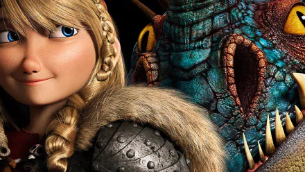 Astrid from How to Train Your Dragon 2 poses confidently next to a colorful dragon, creating an engaging HD desktop wallpaper background for fans of the movie.