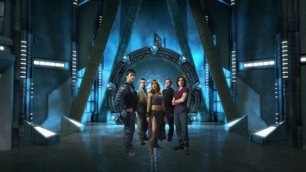 HD PC desktop wallpaper featuring the main cast of the TV show Stargate Atlantis standing before the iconic Stargate in a futuristic, sci-fi setting.