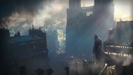 A stunning HD desktop wallpaper featuring a character from Assassin's Creed: Unity, overlooking a dramatic foggy Paris skyline with birds soaring in the background.
