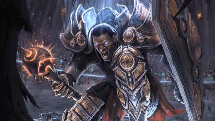 HD PC desktop wallpaper featuring the Crusader from Diablo III: Reaper of Souls in detailed armor, wielding a flail, set in a dark, intense video game scene.