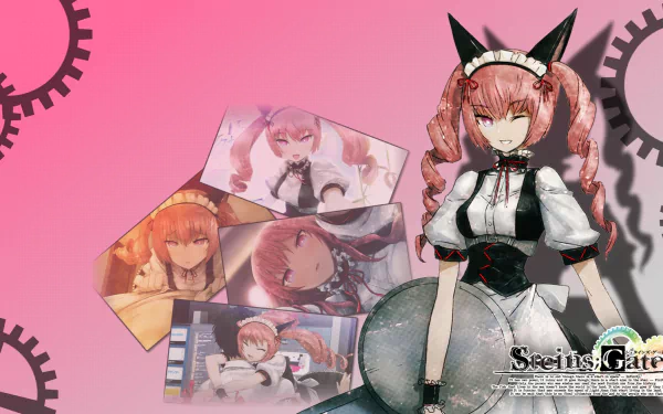 HD wallpaper featuring Faris Nyannyan from Steins;Gate, showcasing her in a maid outfit with a backdrop of pink and gear illustrations, alongside various character images.