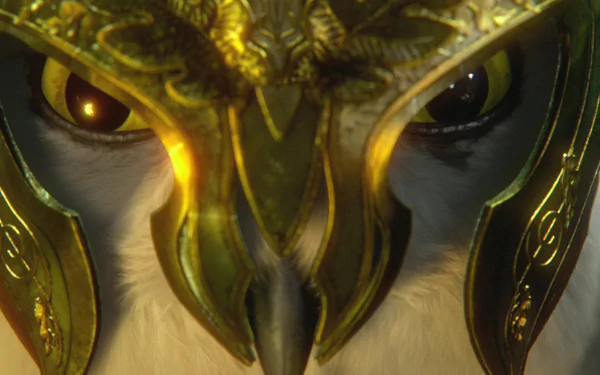 Close-up of an owl wearing ornate golden armor from the movie Legend of the Guardians: The Owls of Ga'Hoole, featured in an HD PC desktop wallpaper.