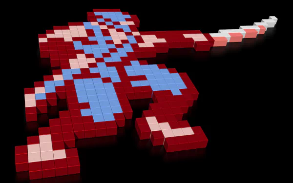 Blocky pixel 3D red-and-blue ninja made of cubes on a black field, HD PC desktop wallpaper and background for the video game Ninja Gaiden II: The Dark Sword of Chaos.