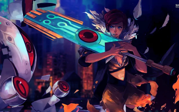 HD PC desktop wallpaper featuring a dynamic scene from the video game Transistor, showcasing the protagonist wielding a glowing, futuristic sword.