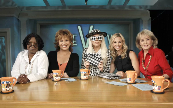 HD desktop wallpaper of 'The View' with hosts seated around the table, coffee mugs in front, on a set backdrop.