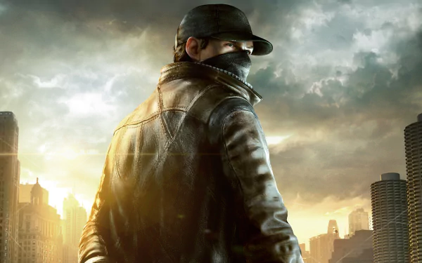 HD PC desktop wallpaper featuring Aiden Pearce from the video game Watch Dogs, set against a dramatic cityscape with a moody sky.