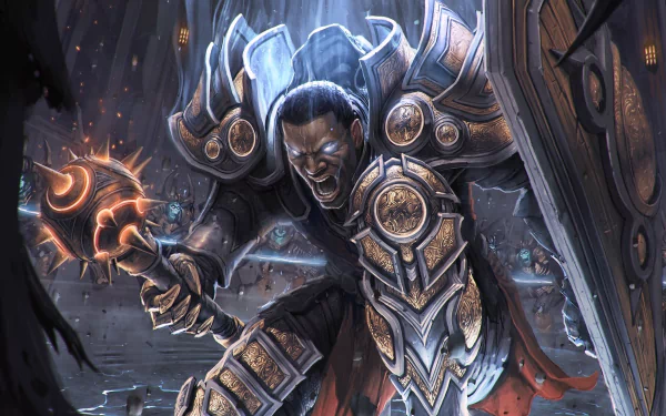 HD PC desktop wallpaper featuring the Crusader from Diablo III: Reaper of Souls in detailed armor, wielding a flail, set in a dark, intense video game scene.