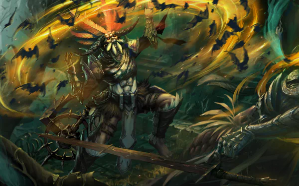 HD desktop wallpaper featuring the Witch Doctor from Diablo III, showcasing dynamic action and vibrant magical effects in a dark, jungle-like setting.