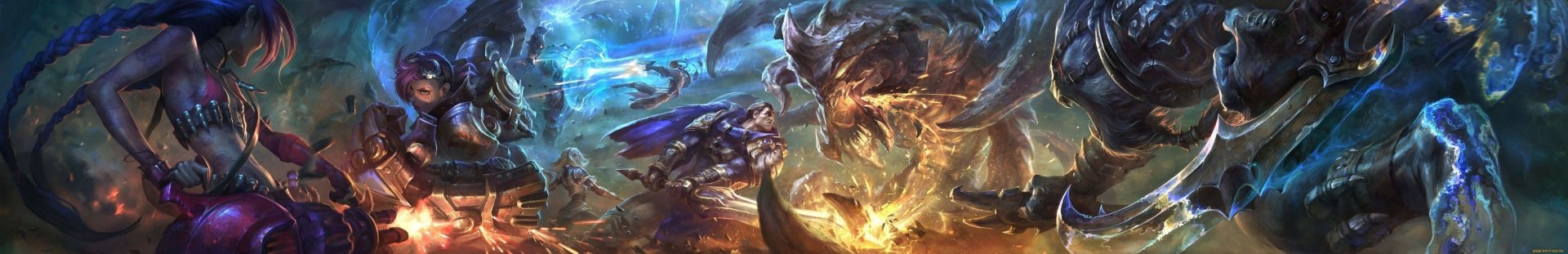HD desktop wallpaper featuring intense battle scenes from League of Legends, showcasing characters like Cho'gath, Rengar, Garen, Lux, Xerath, Lucian, VI, and Jinx in a vibrant video game artwork.