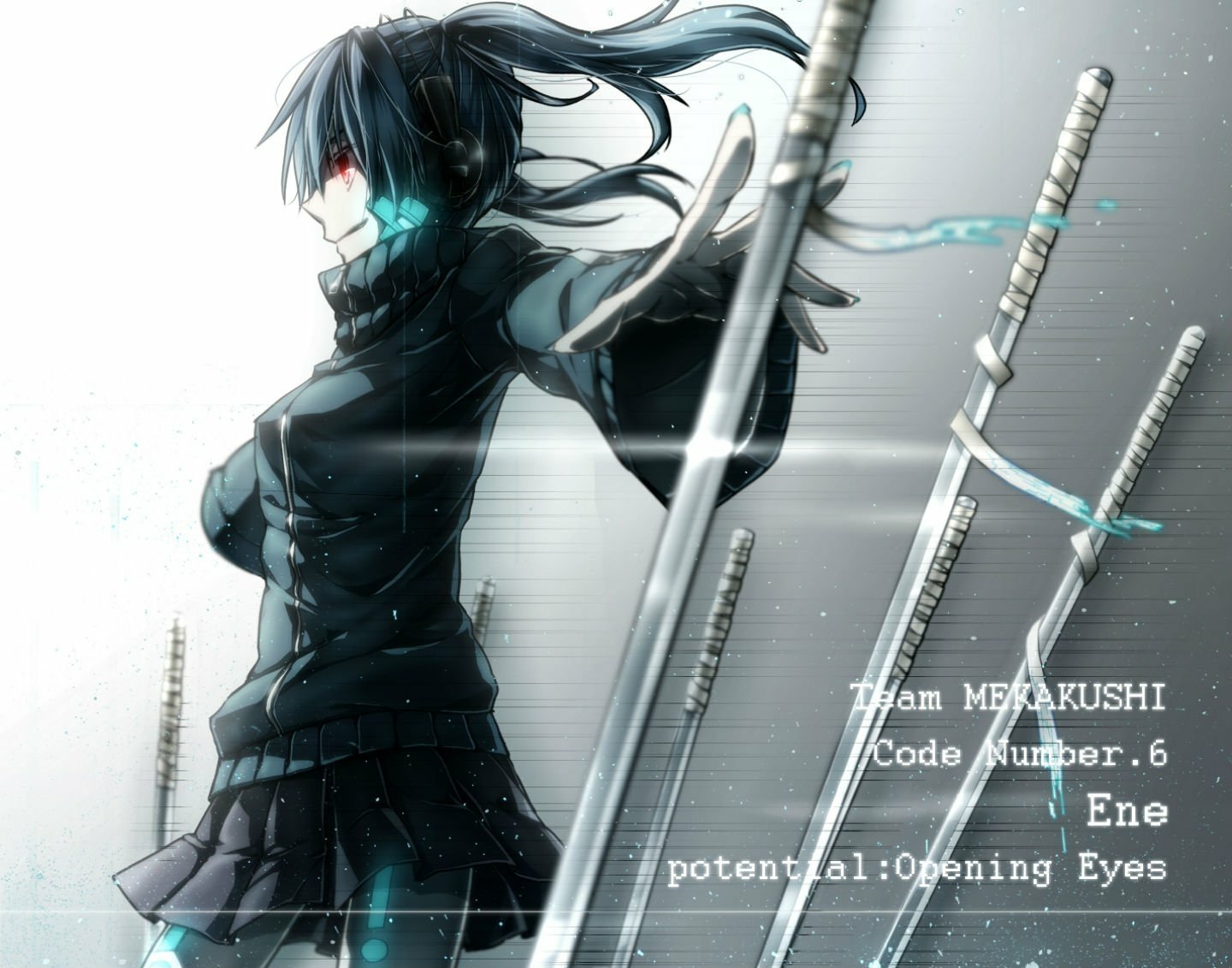 Ene from Kagerou Project stands confidently with her trademark glow, surrounded by swords, set against a dynamic backdrop, creating an engaging HD desktop wallpaper.
