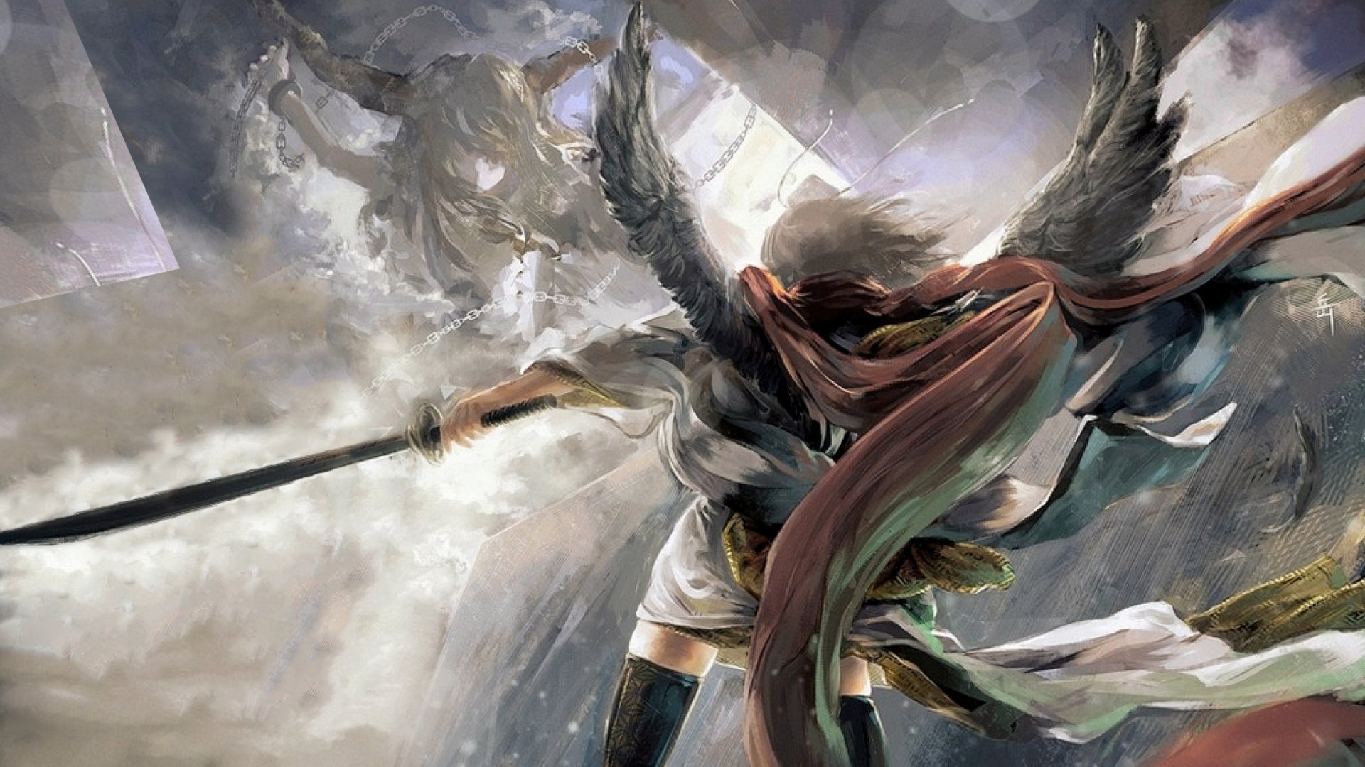 HD PC desktop wallpaper featuring dynamic anime-style characters Aya Shameimaru and Suika Ibuki from the Touhou series in a dramatic, ethereal battle scene.