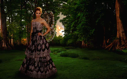 HD PC desktop wallpaper featuring American actress and celebrity Dianna Agron posing in an elegant gown within a lush, green forest setting.
