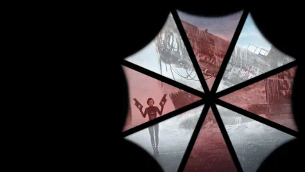 HD PC desktop wallpaper featuring a fragmented umbrella logo with scenes from the movie Resident Evil: Retribution in each segment.
