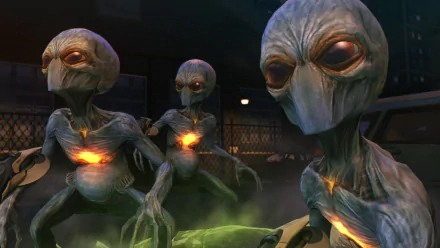 Three grey, glowing-chested aliens stand in a dark urban scene from the video game XCOM: Enemy Unknown — HD PC desktop wallpaper and background.
