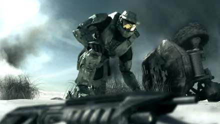 HD PC desktop wallpaper featuring Master Chief from the video game Halo: Combat Evolved, shown in detailed armor amidst a battle-worn, smoky environment.