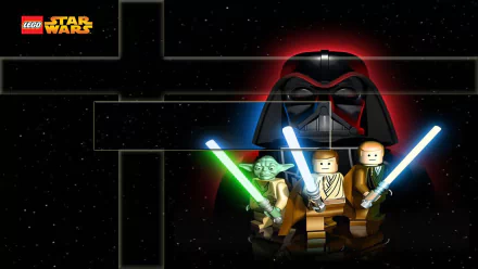 HD PC wallpaper from the video game LEGO Star Wars III: The Clone Wars showing LEGO Yoda and Darth Vader minifigures wielding glowing lightsabers against a starfield backdrop.