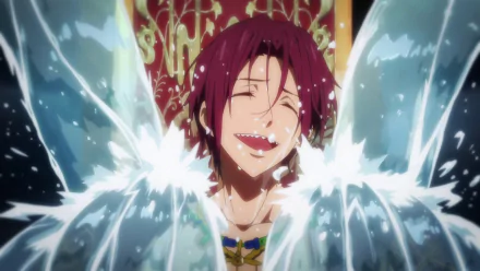 HD anime desktop wallpaper featuring Rin Matsuoka from Free!, smiling with water splashing around him against a dark background.