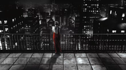 A 4K Ultra HD Sin City movie-inspired desktop wallpaper showing a woman in a red dress standing on a rooftop balcony overlooking a dark, illuminated cityscape at night.